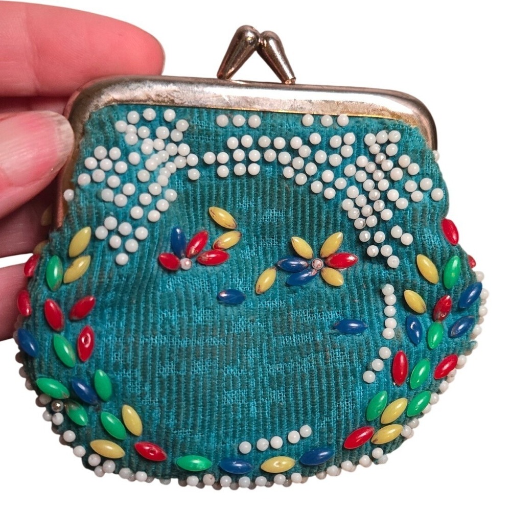 Vintage Teal Beaded Coin Purse Kiss Lock Floral Multi Color Retro Pouch‎ 50s 60s